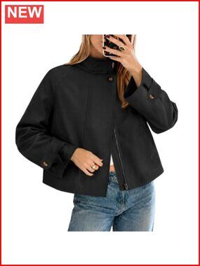 Women Cropped Trench Coat Funnel Neck Zip Up Long Sleeve 100% Polyester